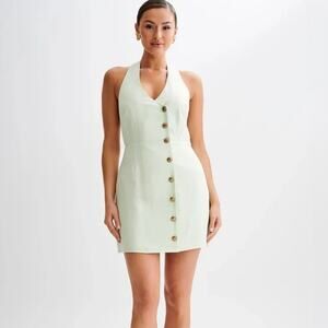 MESHKI Lorraine Linen Halter Mini Dress Mint Green Open Back Belted NWT Size S